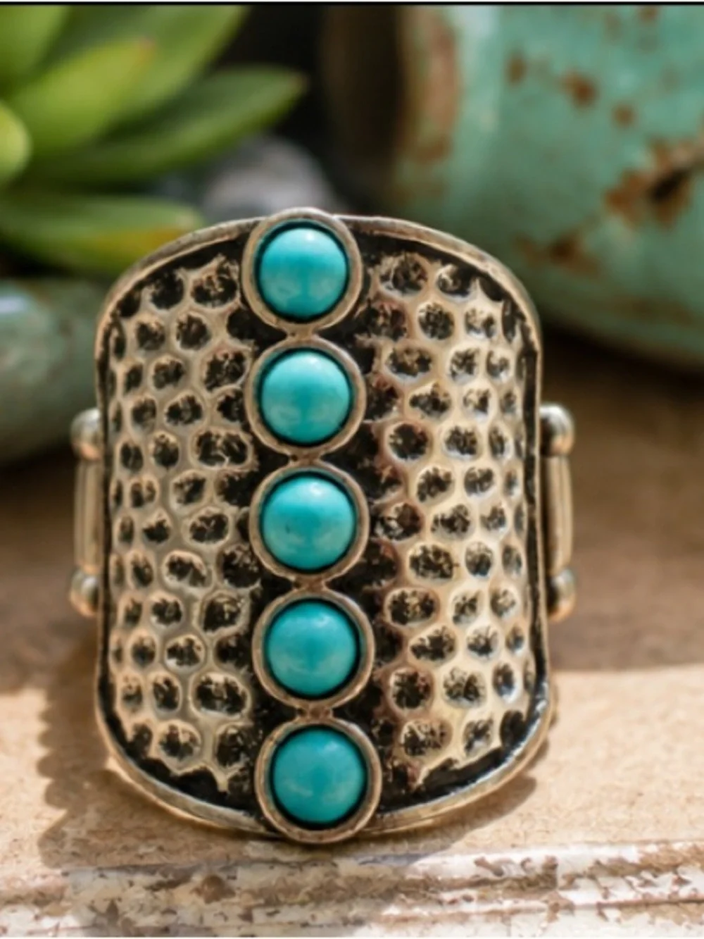 Turquoise Color Stretch Ring Silver Tone Western Boho Southwestern Statement 7